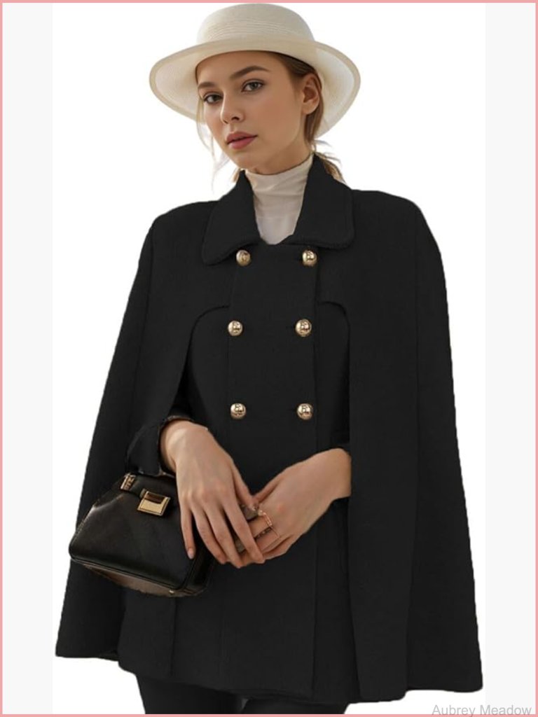 Wool Blend Poncho Cape Coat Double-Breast Slit Sleeve Flowy Cloak